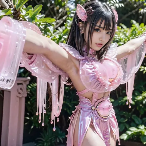 highest quality，masterpiece，Very detailed, 8k，a 18 years old beautiful Japanese woman:1.5, blunt bangs, Black Hair, Small face, Crucifixion, (Detailed glamorous pink magical girl heroine jelly costume:1.5),　Very pleasant look、　((Woman in Crucifixion on Cro...