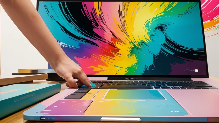 A person typing on a laptop keyboard with colorful, abstract paint strokes and sketches emerging from the screen. The image is dynamic and creative, with bright splashes of color such as pink, blue, green, and yellow blending with hand-drawn lines and dood...