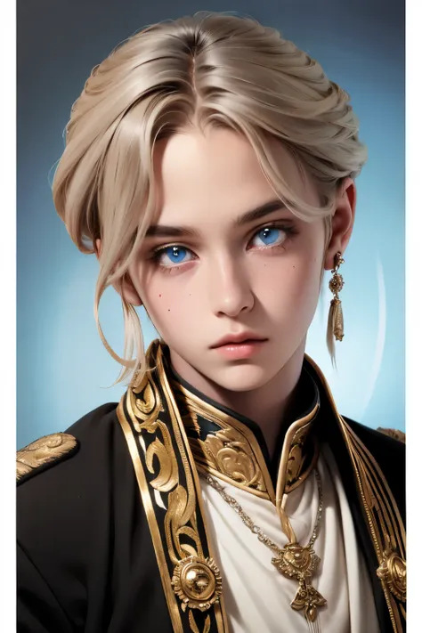 a young 18 year old boy, cute appearance, wearing light colored royal attire with silver details, ((very light hair)), bright cr...