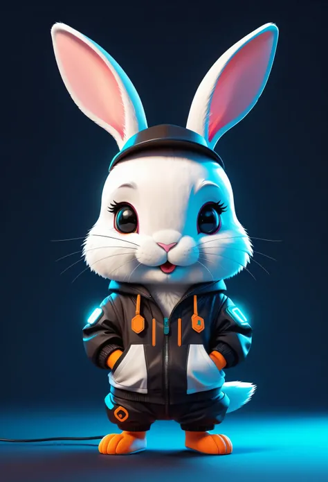 Cartoon animal design, Flat style cute rabbit full body photo, Simple but still stylish, Fresh flat style, Cyberpunk elements are used freely, The front shows a charming and cute posture, Feet down，Pose cute