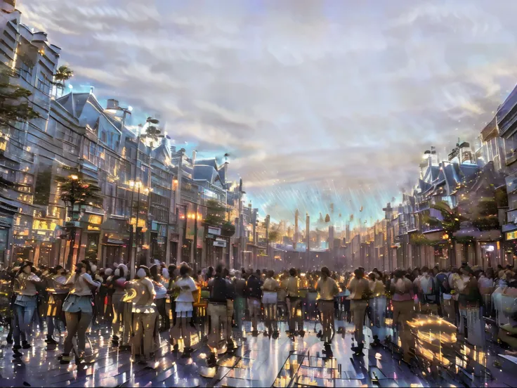 時計塔のある街のレンガの道を歩くpeople々, Disney Studio, Disneyland, Disneyland, Filmed in the early 2020s, Red Light District, Neatly packed buildings, Crowded squares, America - September 20th, Crowded street filled with people, people々Bustling with, Disneyland as backdr...