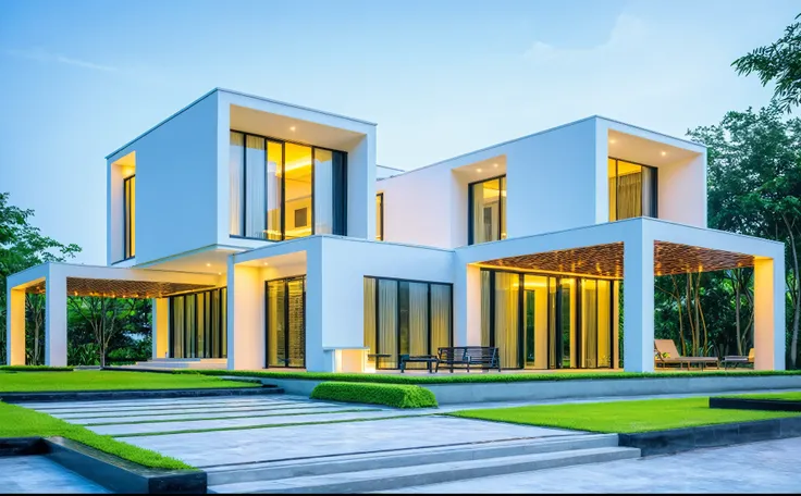 A modern minimalist style single-story villa with a flat roof, white walls and glass windows in Vietnam is surrounded by green lawns, ((road)), ((sidewalk)), ((sidewalk trees)), The overall architectural design features clean lines and simplicity, creating...