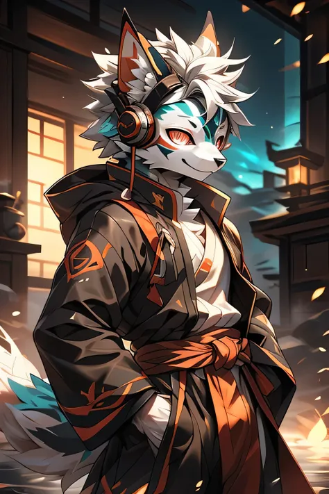  Rystal, Star Fox, Male,Dark emerald hair， (detailed), fluffy, Solo, Meticulous and realistic, delicate eyes, ( The pupil of the Eye of the Blood Wheel), (( Black and red eyes)  Onmyoji detailed art, Onmyoji portrait, White-haired deity, keqing from Genshi...