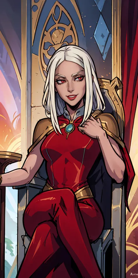 (masterpiece, best quality) 1girlsolo (the empress:1.15) platinum blonde, long hair (red cape) curtain, armored dress, queen dress, aurora (sunshine, sky, river, forest) expressionless, red eyes, very long hair (art nouveau:1.2) alphonse mucha, tiara (face...
