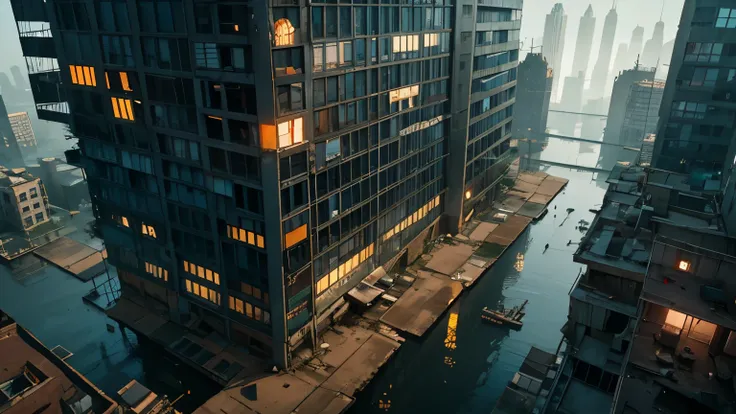birds eye view of a rundown tower with barred windows. the building is nearly covered in water, surrounded by a futuristic rundown city