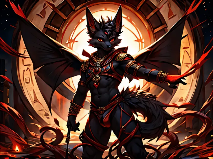  Rystal, Star Fox, Male,Dark emerald hair， (detailed), fluffy, Solo, Meticulous and realistic, delicate eyes, ( The pupil of the Eye of the Blood Wheel), (( Black and red eyes)), Excellent quality, high detail, detailed fur, ((The tail is in the right posi...