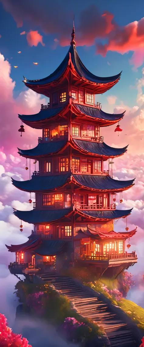 building above the clouds(ultra high definition:1.4)、(fantasy、cyber punk、ancient chinese castles:1.3)、(irregular red building:1....