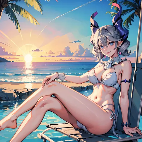 　High level image quality　best image quality　8K　 adult woman  beach   sunset view　palm trees   whole body view　portrait　blue bikini   　horn    ears  　short hair（（shortcut）（gray hair）（perm）（fluffy））　eye color is blue , pink sunglasses　attractive evil face ,...