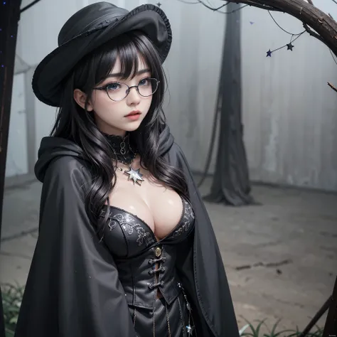 (Fatal Beauty,A charming villain,witch) ,(A supple and powerful physique),(Sensual charm),(Mysterious charm:1.1),(Captivating silhouette),((((Glasses))))、((((big sapphire necklace))))、(highest quality,High resolution:1.2),(dark,Threatening:1.1),((dark horr...