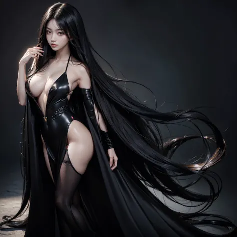 (Best image quality、highest quality、Highest Resolution、Ultra-realisticな写真、Full body photo、）1 girl、驚くほど長いBlack hair超美しい、Hair length約5Meters、naked、Straight black hair、Very beautiful face、Beautifully groomed black hair、Very large amounts of hair、女性らしいSexyを際立た...