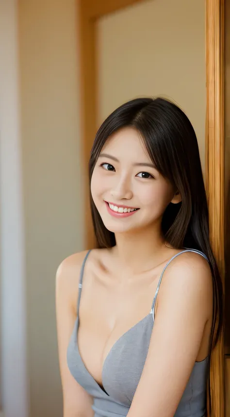 masterpiece,best quality,(Japanese ),((Beautiful girl)),cleavage,indoor,(perfect body beauty:1.2),(shy smile),beautiful teeth,