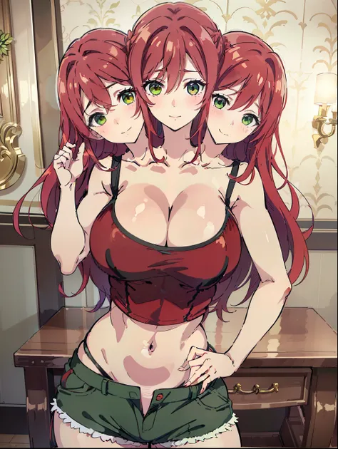 (masterpiece),best quality:1.5, ultra-detailed, high resolution, high quality, 16K, ((3heads:1.5)), ((red hair)),(1girl), conjoined twins, girl with two heads cleavage, ((red tank top)), shorts, (green eyes), long hair, sexy woman, gentle smile, seductive ...