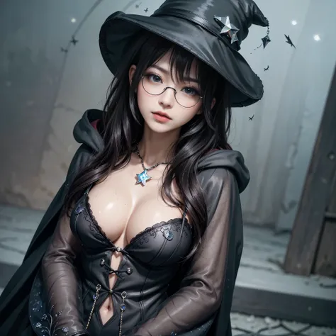 (Fatal Beauty,A charming villain,witch) ,(A supple and powerful physique),(Sensual charm),(Mysterious charm:1.1),(Captivating silhouette),((((Glasses))))、((((big sapphire necklace))))、(highest quality,High resolution:1.2),(dark,Threatening:1.1),((dark horr...