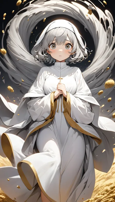 best quality, super fine, 16k, incredibly absurdres, extremely detailed, 2.5D, delicate and dynamic, cute church nun in pure white uniform and robe, big cute droopy eyes, silver messy wavy short hair peeking out from under the robe, lady, captivating look,...