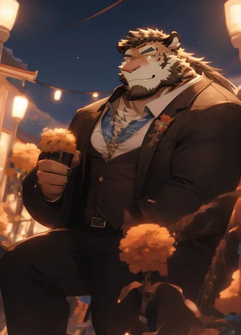 (masterpiece)，(Very detailed)，(best quality)，hairy，Tiger Orc，Orange fur，There are some blonde hair，Golden pupils，(Casual Wear:1.2)，((elegant))，(((unbutton your clothes)))，(((Smile)))，（Warm and cheerful:1.1)，，night，Kongming Lantern，Starry Sky,(Very detailed...