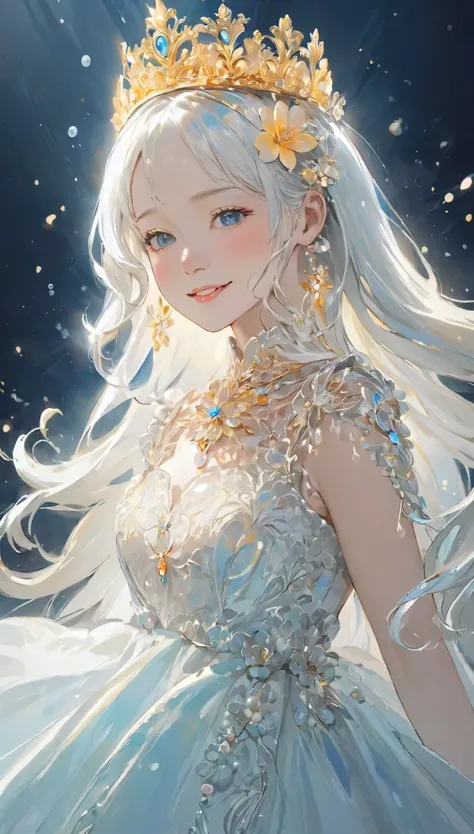 (masterpiece、highest quality、highest quality、Beautiful and beautiful:1.2)、(Excellent anatomy:1.5)、Focus on the eyes、Painting of a girl with milky white hair、Translucent Princess Dress、Jewelry Tiara，Beautiful smile、Looking into the camera、Diffuse reflection...