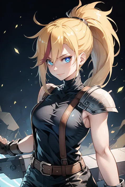 (masterpiece, best quality:1.2), Blue  glowing eyes, perfect face, highres, 1 girl, solo, ultra long ponytail, (female:1.5), strife, blonde hair, shoulder armor, sleeveless turtleneck, suspenders, belt, gloves, bracer, evil smile, standing, portrait, looki...