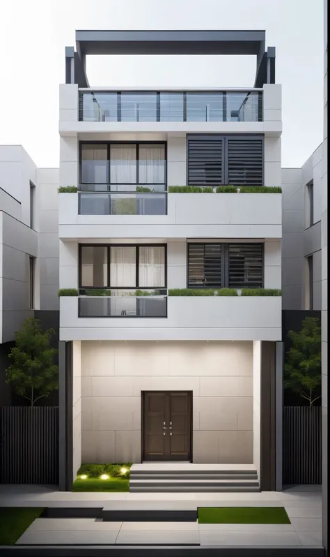 RAW photo, Exterior of two story white modern house, road, ((sidewalk)), ((sidewalk trees)), residences area, day time, tropical trees and plants, (high detailed:1.2), 8k uhd, dslr, soft lighting, high quality, film grain, Fujifilm XT3