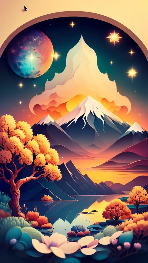 (obra maestra),(Mejor calidad:1.0), (ultra high resolution:1.0), detailed illustration, intrincado, paisaje detallado, vibrante colors, atardecer, nubes, (( magical, Hermoso, de otro mundo, trees:1.4 )), (( Mejor calidad, vibrante, 32k ,luz y sombras bien ...