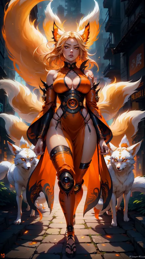 REALISTIC VISION 1.4, BETTER VAE,sharp focus, ultra detail, 32k,realistic photo, intricate details, (kitsune:1.4) , blond hair, (blond hair), orange eyes, intricate details ,woman, nine tails, intricate details,intricate details,big , Voluptuous body, intr...