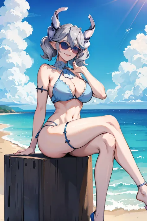 　High level image quality　best image quality　8K　 adult woman  beach  sunset　palm trees   whole body view　portrait　blue bikini   　horn    ears  　short hair（（shortcut）（gray hair）（perm）（fluffy））　eye color is blue , pink sunglasses　attractive evil face , smile...