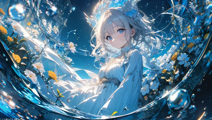 ultra detailed, 8k, angelic, 1 girl, blue water and flowers floating, transparent, right blue water, cool, bright