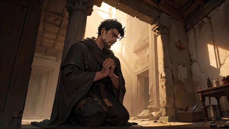 a Christian man praying in fear, dressed in poor clothes from the 1st century AD, hidden in an abandoned Greek house from the 1st century AD, highly detailed, realistic, cinematic lighting, dramatic chiaroscuro, cold color tones, muted palette, moody atmos...