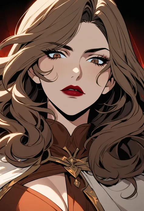 A Netflix’s Castlevania female character with dark brown wavy hair, brown eyes and red lipstick
