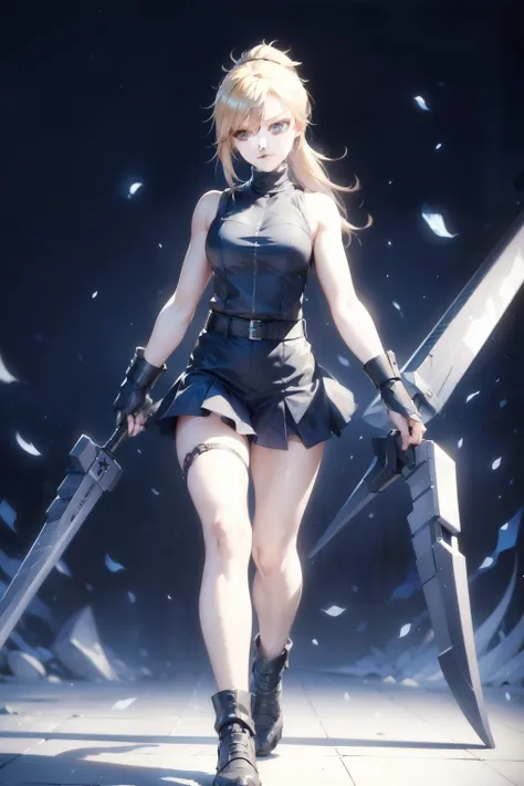 (masterpiece, best quality:1.2), Blue  glowing eyes, perfect face, highres, 1 girl, solo, ultra long ponytail, (female:1.5), strife, blonde hair, shoulder armor, sleeveless turtleneck, suspenders, belt, gloves, bracer, evil smile, standing, portrait, looki...