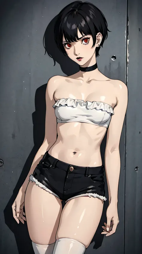 1girl, serious face, red eyes, tomboy Pixie haircut, very Short hair, black hair, black choker, white micro top bandeau, belly, medium breast, extreme micro shorts, stockings, black lipstick, black lipstick ear piercings, cowboy shot