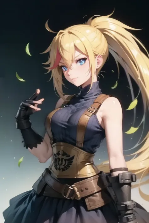 (masterpiece, best quality:1.2), Blue  glowing eyes, perfect face, highres, 1 girl, solo, ultra long ponytail, (female:1.5), strife, blonde hair, shoulder armor, sleeveless turtleneck, suspenders, belt, gloves, bracer, evil smile, standing, portrait, looki...