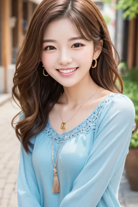 Beautiful young woman、 Korean women、Light brown hair、Wavy Hair、short hair、ear piercing、Necklace around the neck、blouse、smile、Laughing with your mouth open、Beautiful teeth alignment、Intricate details, Very detailed:1.2), 、 Looking into the camera,The backgr...