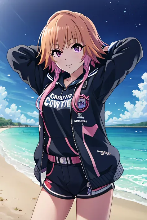 ninomiya asuka, masterpiece, best quality, ultra-detailed, solo,1girl, orange hair,long hair,bangs,twin braids,pink hair,purple eyes,black jacket,open jacket,hoodie,white short, (cowboy shot:1.5), beach, night sky, arms behind head, spread armpits, contrap...