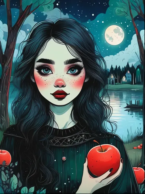 Cartoon hand drawn, 1girl, solo, Cute young attractive girl，Strong Gothic makeup, A village by the lake with a birch forest and an apple orchard，Starry nights，Gloomy and foggy atmosphere，The cute absurdity、The attraction and rejection of extraordinary appe...