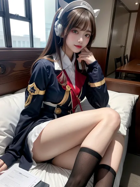 star、Supermodel、Perfect build、Muchimuchi、Three girls are looking at the viewer、girl、、Thighhighs、beautiful feet、、cyber punk、headphone、gentle smile、seen by girls、Innocent face、Military Uniform Lolita