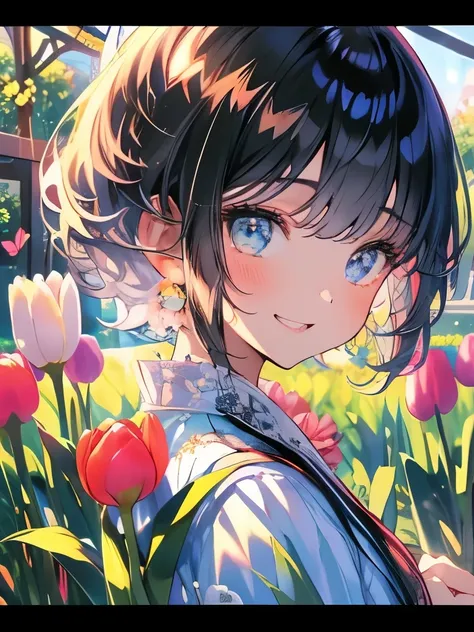 masterpiece、smile、anime girls、black hair、short hair、可愛いanime girls、smile、((tulips))、たくさんのtulips、fractal art、gwaiz、pool、garden、fl...