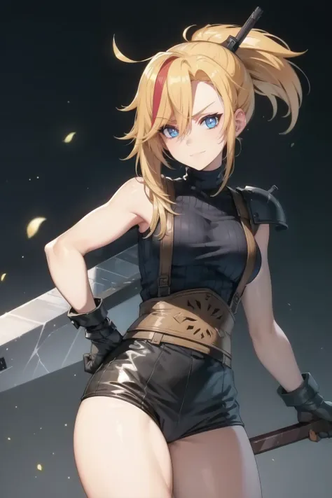 (masterpiece, best quality:1.2), Blue glowing eyes, perfect face, highres, 1 girl, solo, ultra long ponytail, (female:1.5), strife, blonde hair, shoulder armor, sleeveless turtleneck, suspenders, belt, gloves, bracer, evil smile, standing, portrait, looki...