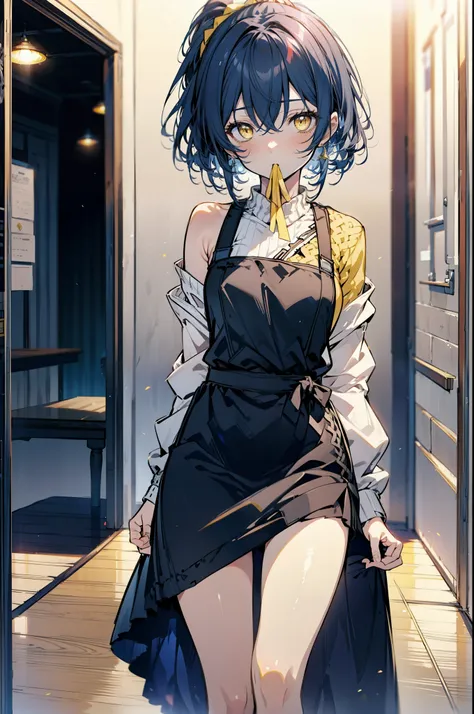 Kamisonoda, Umi Sonoda, Long Hair, ponytail,Blue Hair, (Yellow Eyes:1.5) (Flat Chest:1.2),One-shoulder sweater,Long skirt,apron,Hair tie on mouth, Put your arms behind your head,whole bodyがイラストに入るように,
break looking at viewer,whole body,
break indoors,room,...