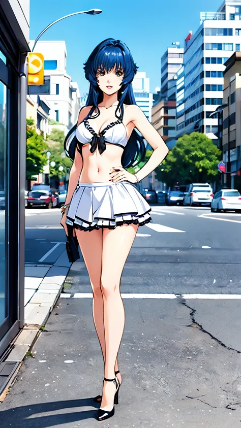 LynnMinmay, 1girl, solo, black hair, white frilly bikini with microskirt, standing, city, high heels, ultra-detailed, best quality, masterpiece, illustration, game cg