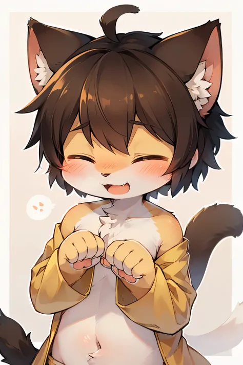 Kemoshota, close-up, paw pose, short height, short statue, cat whiskers, cat tail, smiling, closed eyes, open mouth, blush, tusk, looking up, happy, meoooooooooowwwwww