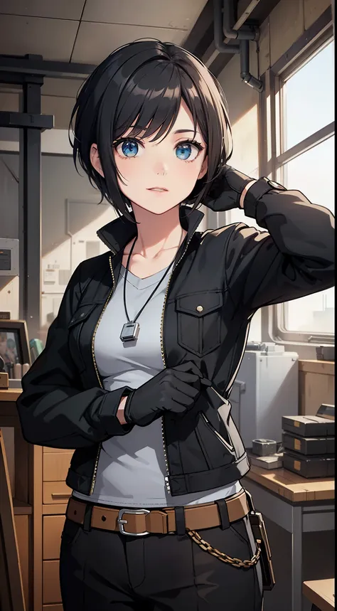 (high-quality, breathtaking),(expressive eyes, perfect face) Symmetrical Eyes, portrait, Star Wars Universe, 1girl, female, adult, mechanic, punk jacket, shirt, short sleeved, gloves, pants, belt, wrench, crystals, messy hair, black hair color, brown eye c...