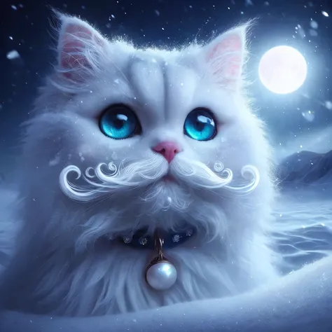 a extremally cute white frosty cat with curly white mustache and goatee, blue-green mother of pearl eyes, deep in the frosty sno...