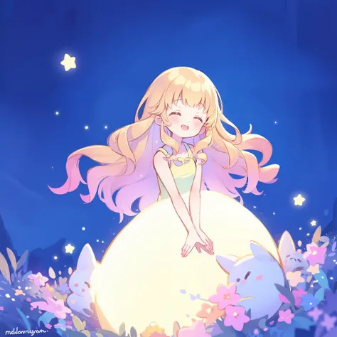 cute style, gradient pink colorful wavy hair, cute happy girl wearing a glowing puffy ballgown, dreamy, peaceful, serene composition, glowing stars, glowing, complex drawing, highly detailed, ethereal, starry night, midjourney style