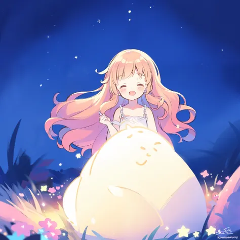 cute style, gradient pink colorful wavy hair, cute happy girl wearing a glowing puffy ballgown, dreamy, peaceful, serene composition, glowing stars, glowing, complex drawing, highly detailed, ethereal, starry night, midjourney style