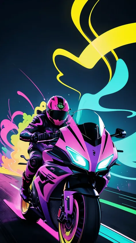 bold neon colors, cartoon style illustration of a big futuristic sports moto, splash art, splashed neon colors, (iridiscent glowy smoke)((motion effects)), best quality, walpaper art, UHD, centered image, MSchiffer art, ((flat colors)), (cel-shading style)...