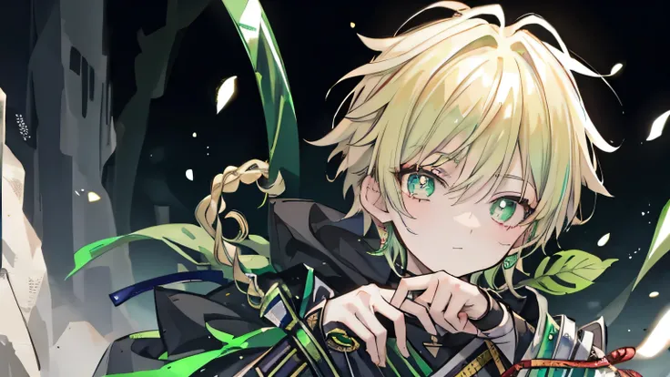 10-year-old boy，blonde，Emerald green pupils，Ronin hairstyle，Perseverance，Repair Hands