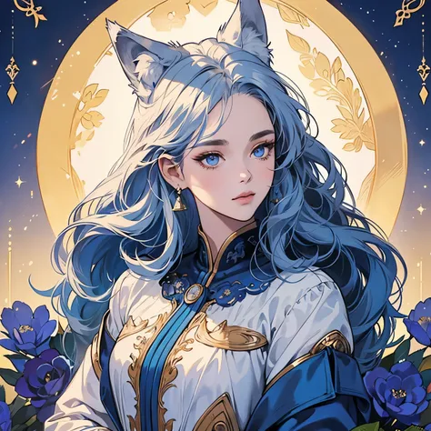 Best quality, 1 wolf, logo, background white only, emblem, 14k, intricate and detailed, frame, blue, (((1 woman and wolf))), detailed fur, sparkling eyes, corporate logo, golden, panoramic, long shot, front, blue flowers, Upper body, looking at viewer,  be...