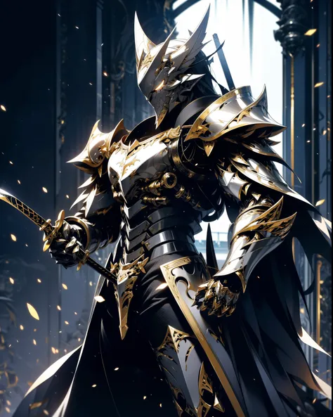 Batman en armure avec une épée et une cape sur les épaules, armure mecha assassin complexe, Elegant smooth silver armor, sleek smooth armure plaquée blanche, Cyber-armure argentée, gold and silver armour suit, shiny silver metal armor, robot arasaka, armur...