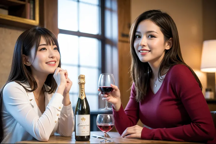 ((highest quality、8k、masterpiece:1.3))、beauty、1 male1 female、Couple、Spouse、half、The body is slim、((Bob Hale、Straight hair:1.2)), (Realistic, Intricate details:1.2), Fullcorse Dinner,Wine glass on the table、Shine light on your face、 Amazing view of the suns...