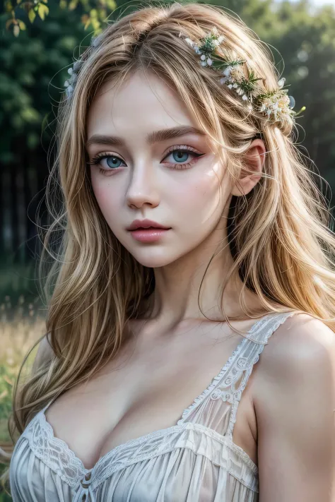 (masterpiece:1.2), (best quality:1.2), perfect eyes, perfect face, perfect lighting, 1girl, mature female in a field, medium blond hair, curly hair, detailed clothes, detailed outdoor background, makeup, eyeshadow, thick eyelashes, fantasy, looking at the ...